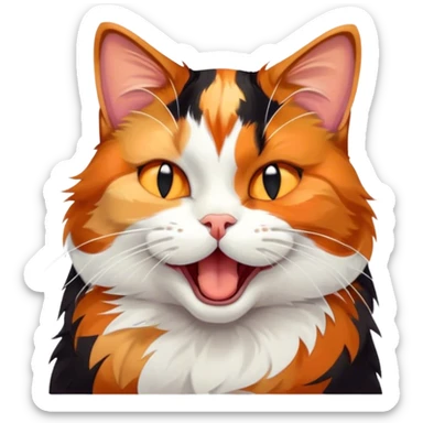 Cinematic Cute Yawning Calico Cat Portrait Emoji, Head tilted mid-yawn with a charming, relaxed expression, showcasing a soft patchwork fur of vibrant orange, black, and white, simplified yet irresistibly adorable, highly detailed, glowing with a cozy, gentle radiance, high shine, exuding sleepy yet endearing charm, styled with a soft glowing outline, capturing the essence of a calico cat caught in a delightful yawn that seems ready to cuddle up for a nap! sticker