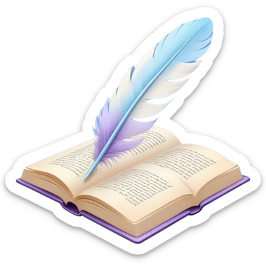 Create a delicate and poetic emoji representing poetry. The design should feature several elegantly flying pages with short poetic columns written on them. The pages should appear light and flowing, almost as if being carried by the wind. Include a white feather gently resting on the pages, symbolizing creativity and inspiration. Use soft, pastel tones like light blues, purples, and creams to give it a dreamy, artistic feel. The design should feel ethereal and whimsical, capturing the essence of poetry. Make the background transparent. sticker