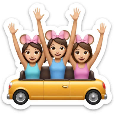 quatro chicas montadas en una atraccion de levantando la mano con orejas de dines puestas sticker