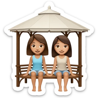 Two small brunette women sitting under a large white gazebo sticker