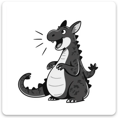 A hand-drawn fat komodo dragon with a huge round belly, hiccupping with motion lines around it sticker