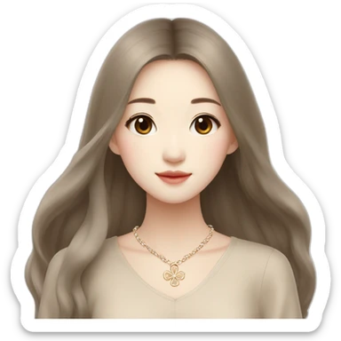 cute long-haired Chinese girl in Muji beige dress with van cleef clover necklace sticker