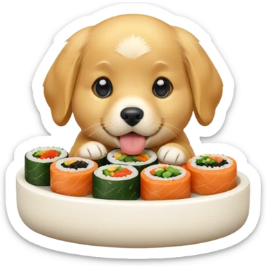 A cute golden retriever puppy eating gimbap in iPhone emoji style, soft 3D glossy texture, bright vivid colors, no outlines, centered composition, transparent background. sticker
