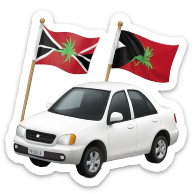 A tall man white man with a Trinidad flag behind him & another man driving a white car sticker