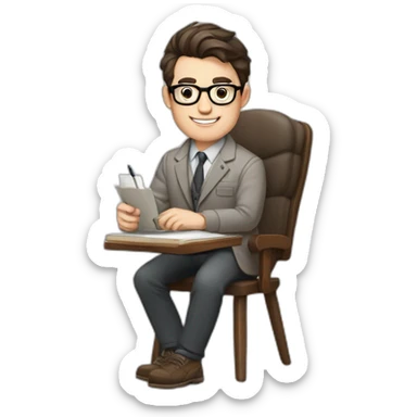 Pale skinned Fit Man With dark brown hair in gray jacket, beige office shirt and vintage glasses sitting In a soft chair with a notebook with emblem Ψ and a pen in his hands sticker