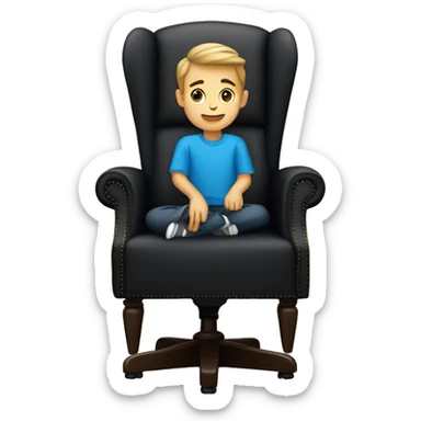 A boy wearing a blue shirt in a black chair sticker