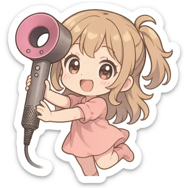 chibi girl holding a Dyson hair dryer, cute and expressive, pastel colors, big eyes, small body, playful pose, cheerful expression sticker