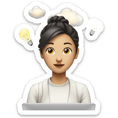 an asian girl with laptop with a bun hair, clouds and light bulbs in background sticker