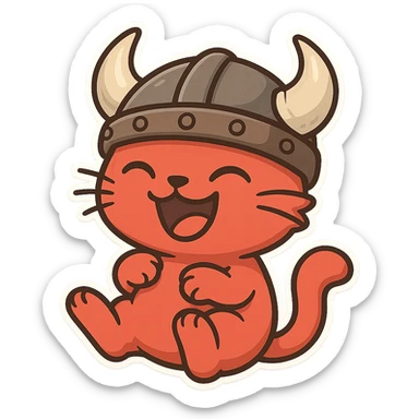 a laughing red viking cat cute and chibi with a horned helmet and wide grin sticker
