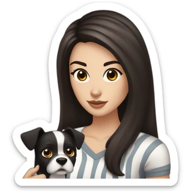White women with long dark brown hair and long eyelashes dark brown eyes and thick dark brown eyebrows with the black dog with a white stripe on the neck and ears raised up sticker