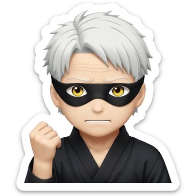 Satoru Gojo from Jujutsu Kaisen, white hair, blindfold, confident smirk, chibi face proportions, energetic expression, close-up face sticker