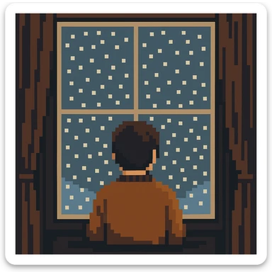 pixel art style scene of a person watching snow fall outside sticker
