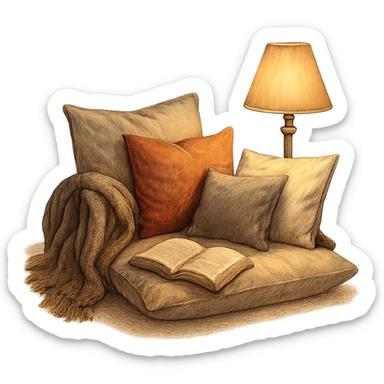 cozy reading nook with pillows and a lamp, warm and inviting sticker