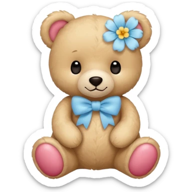 teddy bear with pastel blue bow and flower sticker