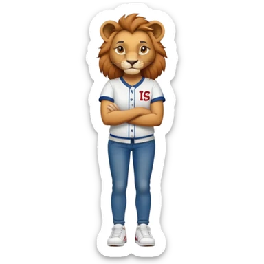 confident anthropomorphised female lion wearing a baseball shirt, jeans, trainers, standing with arms crossed, dominant pose sticker