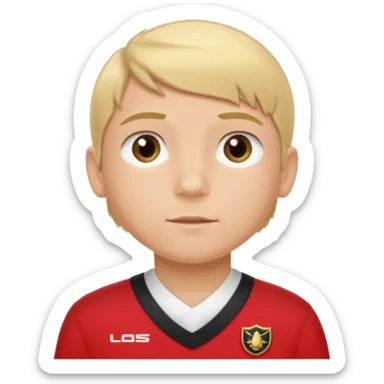 SARI SAÇLI SAÇININ YARISI SOLA DOĞRU DİĞERİNİN SAĞ TARAFTA AMA DÜZ DURAN KAHVERENGİ GÖZLÜ UZUN KİRPİKLİ BUĞDAY RENKLİ KIRMIZI ÜNİFORMALI BİR ERKEK ÇOCUK sticker