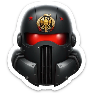 Black Space Marine helmet with red lenses, featuring the Russian coat of arms. sticker