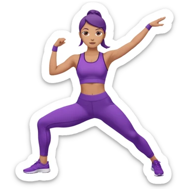 A woman dressed in purple performing warrior one pose, sunrise lighting, peaceful and strong vibe. sticker