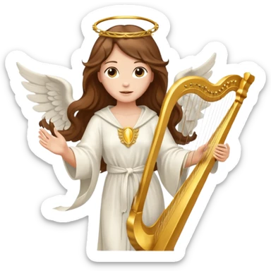 Female angel holding harp with flowing brown hair sticker