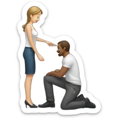 woman on knees helping man with pants zipper sticker