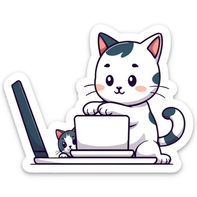 a girl working at a computer with a cat curled up next to the computer sticker