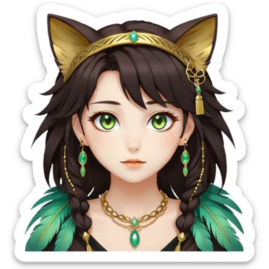 Beautiful gorgeous anime lady with beautiful dark-brown-special-hair, fashion aesthetic, ethereal, feather, accessories, gold jewelries, gold, colorful, feline ears, hazel-green eyes sticker