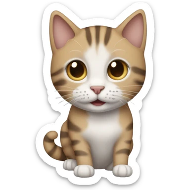  I would like an emoji of a cat with a light brown and gray coat. The cat has a tabby pattern with darker stripes and spots, especially on its legs and tail. The cat’s face has a light-colored snout, a dark nose, and expressive blue eye sticker