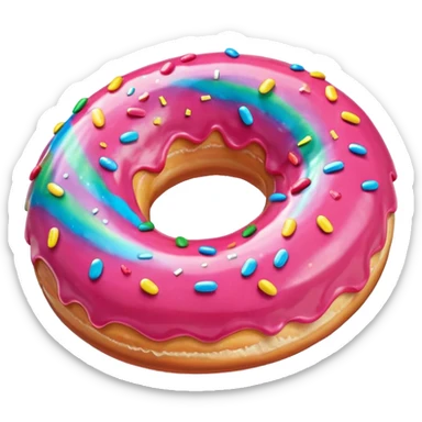 colorful glazed donut with pink icing and rainbow sprinkles, slightly angled side perspective sticker
