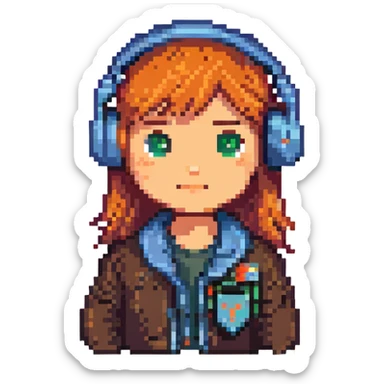 Remove the desk and any words from the image. Add the Y Combinator (YC) logo as a badge on her jacket. Keep the character cute, in 8-bit pixel art style, with a headset and no background. sticker