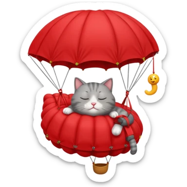 sleepy gray cat riding red parachute sticker
