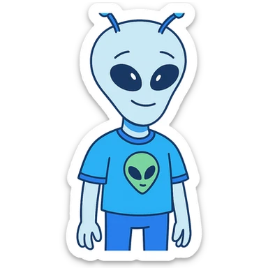 alien icon in flat-toon style, using primary colors #EDF6FE, #69CEFF, #4858FF and secondary colors #5AEEFE, #465AFE, #D0F2E3, #ADE0FE sticker