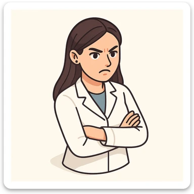 A 2D isometric style illustration of a female doctor with dark long straight hair, detailed brown eyes (not just dots), wearing a white coat, minimalist background, angry expression, appearance as in the second previous variant. sticker