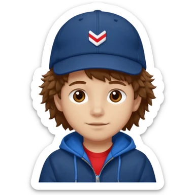 brown fluffy hair kid with blue and white cap dark blue jilet red t shirt sticker