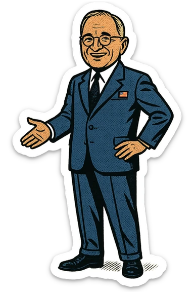 A full body image of a leader who looks like President Truman who is smiling, wearing a blue suit with an American Flag badge sticker