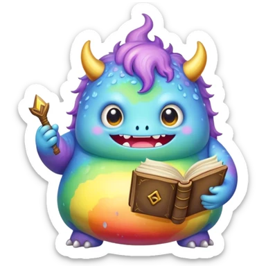 Kawaii derpy fat rainbow monster with magic spell book, rich textures, visually rich, so lifelike that it feels like it could leap off the page at any moment sticker