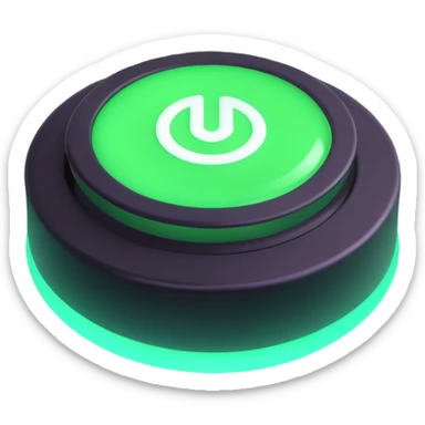 3D icon style, glowing green power button, 'always on' concept, modern and vibrant, with depth and shine sticker
