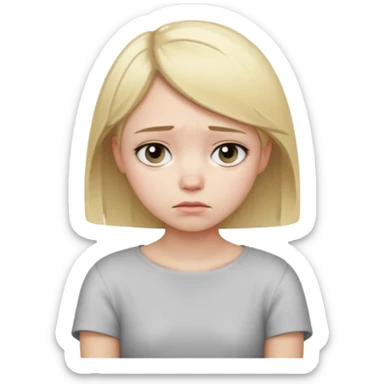 girl with short straight blond hair, looking sad and holding her shoulder sticker