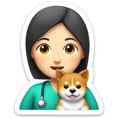 Shiba - inu cuddles pediatrician womanl with short black  hair  sticker