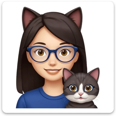 Female. Straight long hair and dark brown eyes and hair with cat eye glasses and dark blue out fit sticker