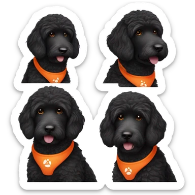black labradoodle wearng bright orange over the ear airpod max's sticker