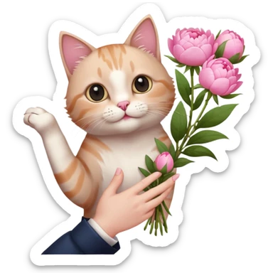 Cute cat Handing pink peonies like reaching a hand and handing them out a bouquet of them with a couquette sticker