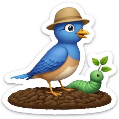 a blue bird wearing a hat, standing on a worm sticker