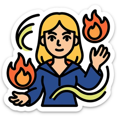 blonde woman with green eyes casting fireballs with magical energy swirling around her, color outline icon style sticker