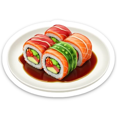 sushi roll on plate with green wasabi blob and small red chili sticker