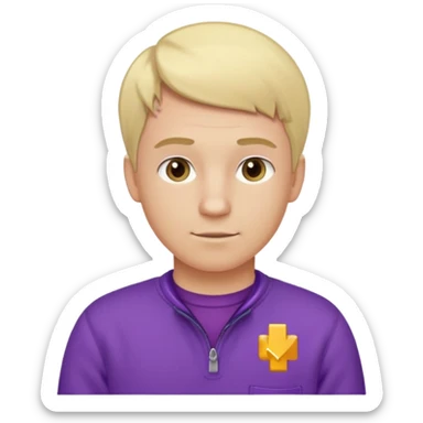 Crea un emoji de un electricista, hombre rubio con pelo corto hacia al lado, sin gafas, con forro polar morada y nombre empresa INDYDES sticker