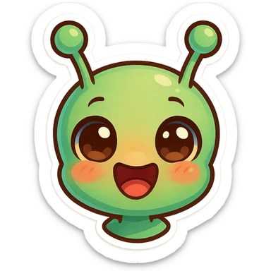 cute cartoon alien head showing happiness, chibi stickers style, vibrant colors, expressive eyes, joyful expression sticker