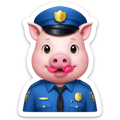 a pig, upright, in a police officer uniform, drooling, eyes looking to the bottom left sticker