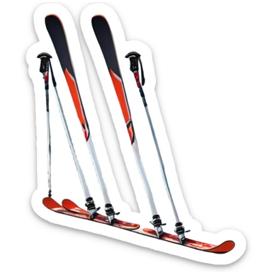 An icon featuring a pair of skis and ski poles in the foreground, set against a picturesque snow-covered slope. The background includes snowy peaks and evergreen trees, symbolizing the excitement and beauty of winter sports. Transparent background highlights the thrill of skiing and snowboarding. sticker