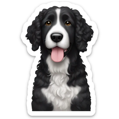 A big bernadoodle dog, mostly black with white on his neck sticker