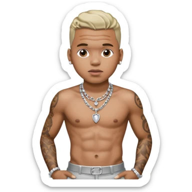Chris Brown with silver pants, shirtless with necklace sticker
